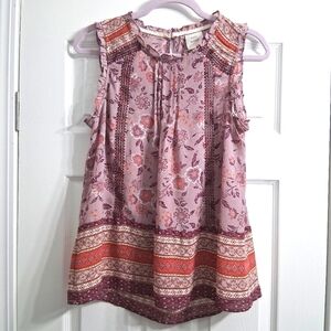 Spiced Mauve Floral Sleeveless Tank Top Flowy Pleated Ruffled Trim Knox Rose M